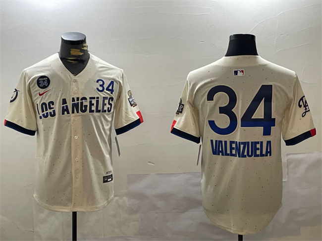 Men's Los Angeles Dodgers #34 Toro Valenzuela Cream 2024 World Series With Fernando Memorial Patch City Connect Limited Stitched Baseball Jersey Men's Los Angeles Dodgers #34 Toro Valenzuela Cream 2024 World Series With Fernando Memorial Patch City Connect Limited Stitched Baseball Jersey